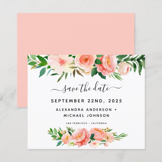 Budget Coral Peach Floral Save the Date Invitation (Front/Back)