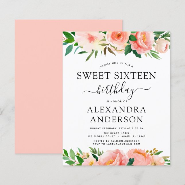 Budget Coral Peach Floral Sweet Sixteen (Front/Back)