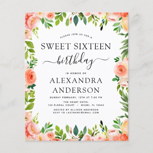 Budget Coral Peach Floral Sweet Sixteen Birthday Flyer