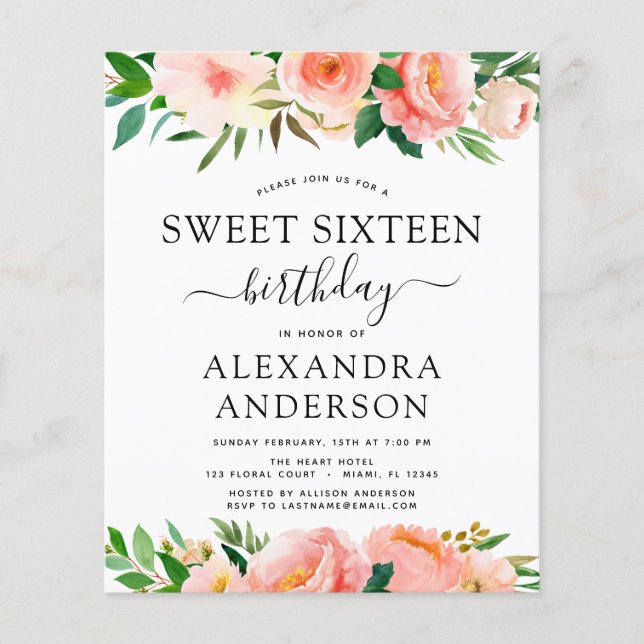 Budget Coral Peach Floral Sweet Sixteen Flyer (Front)