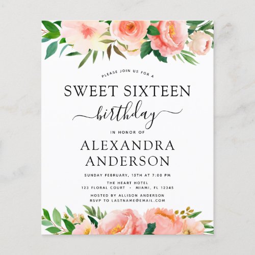 Budget Coral Peach Floral Sweet Sixteen Flyer