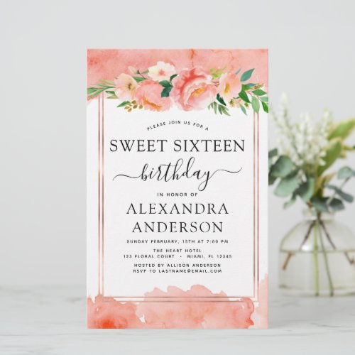 Budget Coral Peach Floral Sweet Sixteen Invitation