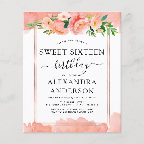 Budget Coral Peach Floral Sweet Sixteen Invitation Flyer