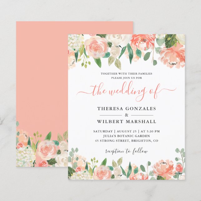 Budget Coral Peach Floral Wedding Invitation (Front/Back)