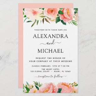 Budget Coral Peach Floral Wedding Invitation