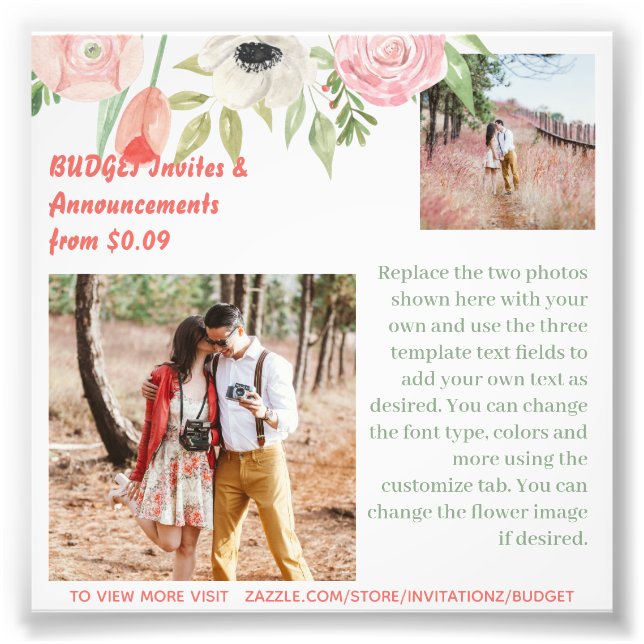 BUDGET Coral Pink Flowers Photo Text Template (Front)