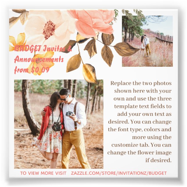 BUDGET Coral Pink Flowers Photo Text Template (Front)