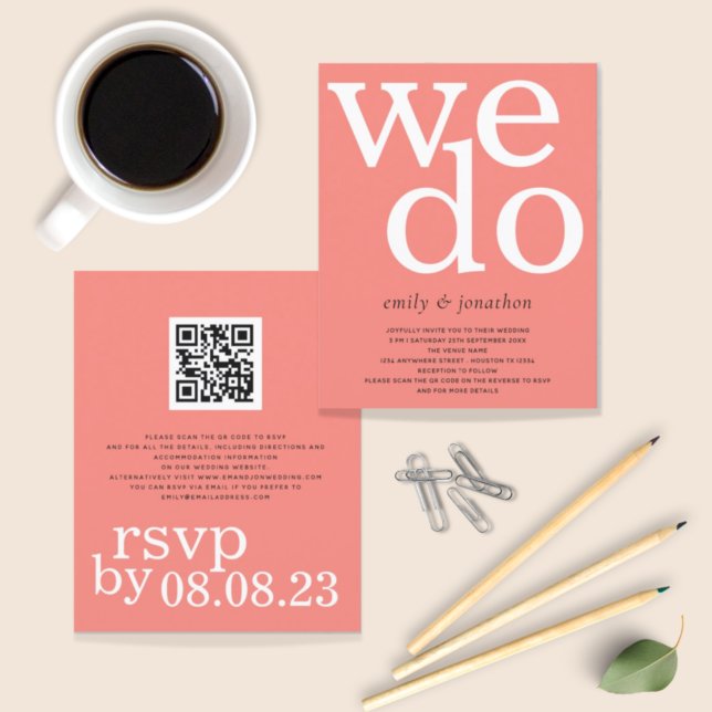 BUDGET Coral Rose Text QR Code Wedding Invite (Creator Uploaded)