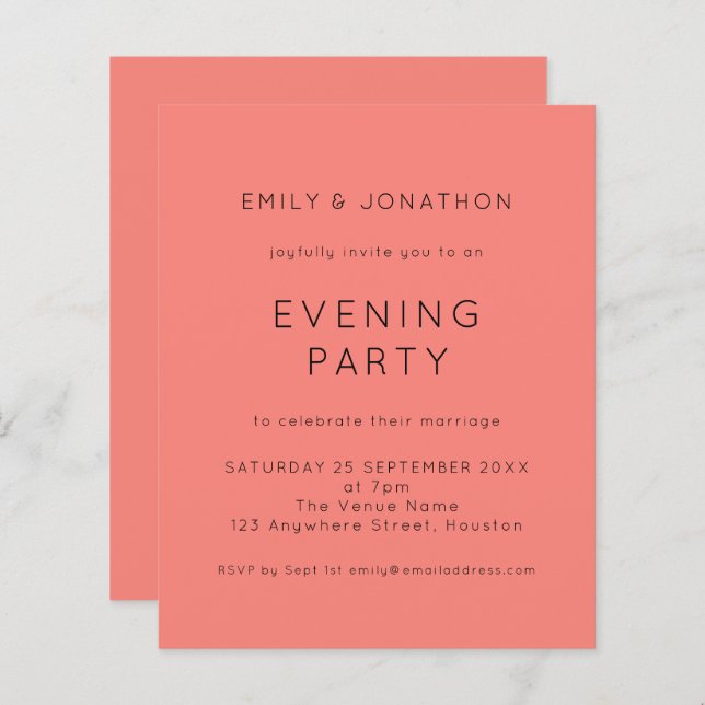Budget Coral Rose Wedding Evening Party Invite (Front/Back)