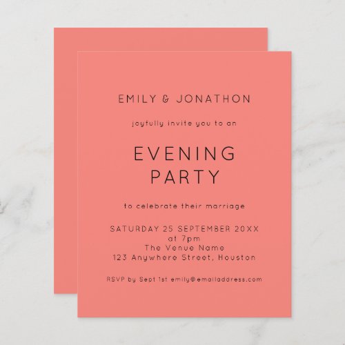 Budget Coral Rose Wedding Evening Party Invite