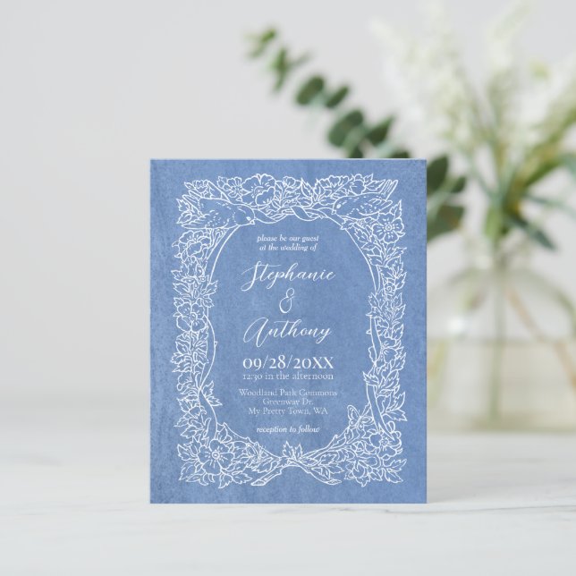 Budget Cornflower Blue Floral Wedding Invitation (Standing Front)