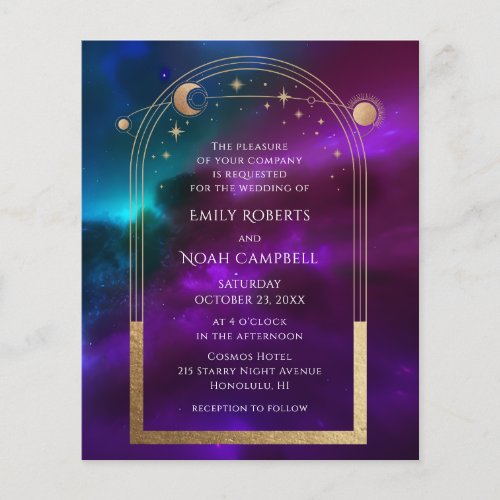 Budget Cosmic Purple Teal Gold Sun Moon Wedding Flyer