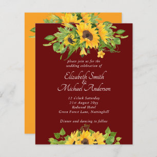 Budget Country Sunflowers Burgundy Wedding Invites