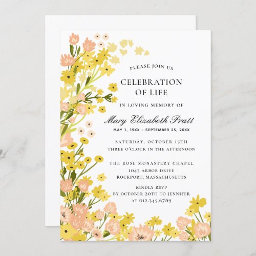 Budget Country Yellow Pink Foral Funeral Invitation