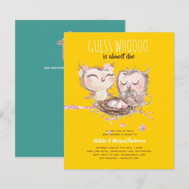 BUDGET Couples Baby Shower Cute Owls Woodland Inv. (Front/Back)