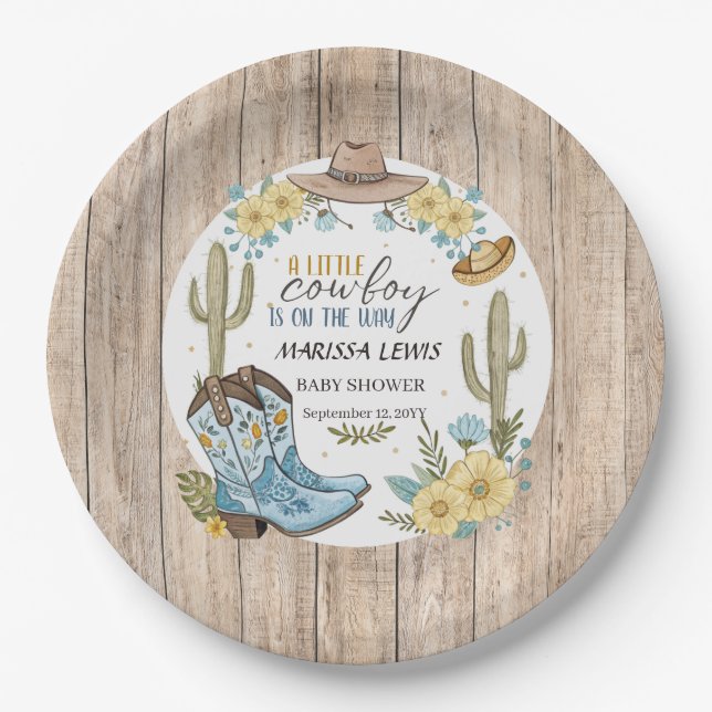 Budget cowboy Bleu Yellow Western boots felt hat Paper Plates (Front)