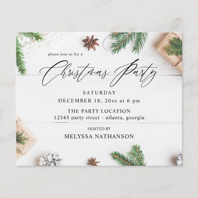 Budget Cozy Rustic Pine Leaves Christmas Party Flyer (Front)