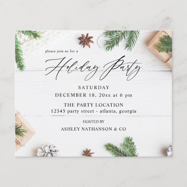 Budget Cozy Rustic Pine Leaves Holiday Party Flyer (Front)