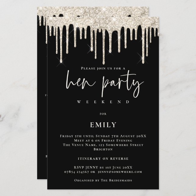 Budget Cream Glitter Drip Hen Weekend Black Invite (Front/Back)