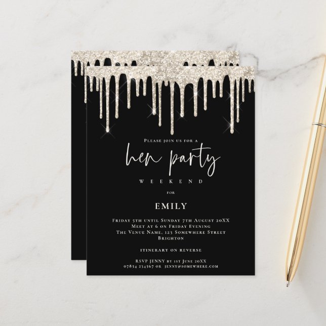 Budget Cream Glitter Drip Hen Weekend Black Invite (Front/Back In Situ)