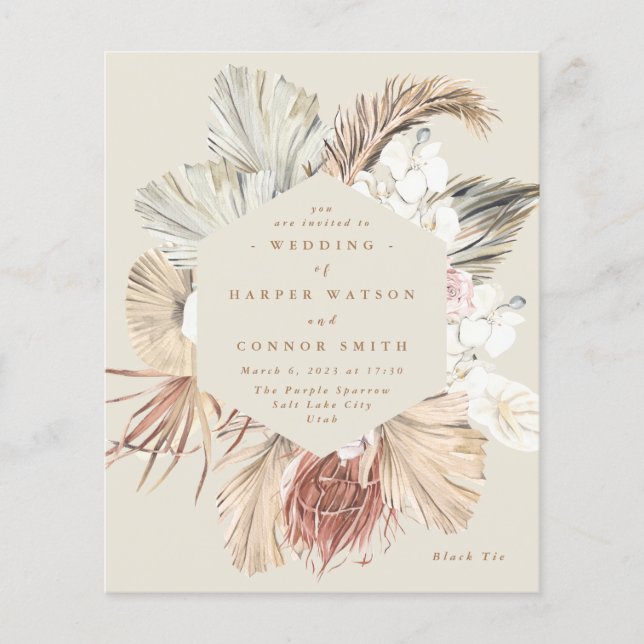 Budget Cream Pampas Dried Floral Jungle Wedding Flyer (Front)