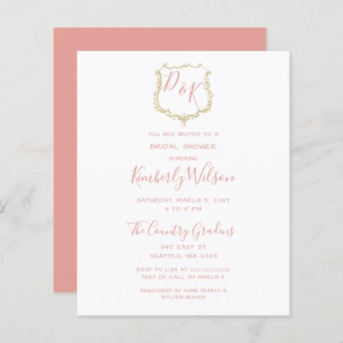 Budget Crest Gold Blush Bridal Shower Invitation