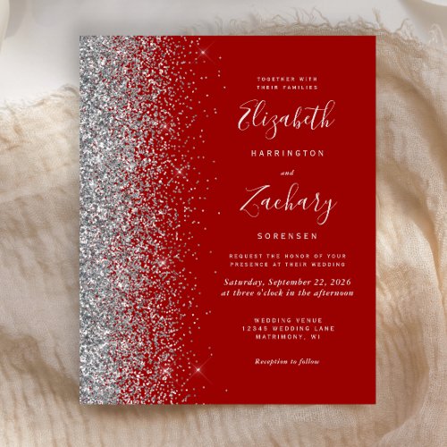 Budget Crimson Silver Glitter Wedding Invitation