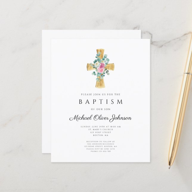 Budget Cross Pink Floral Peonies Baptism Invite (Front/Back In Situ)