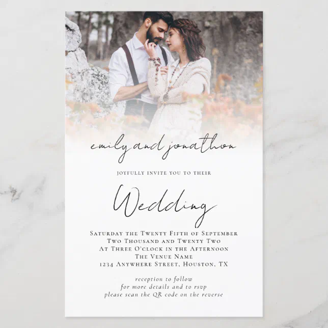 Budget Custom Photo QR Code Script Wedding Invite | Zazzle