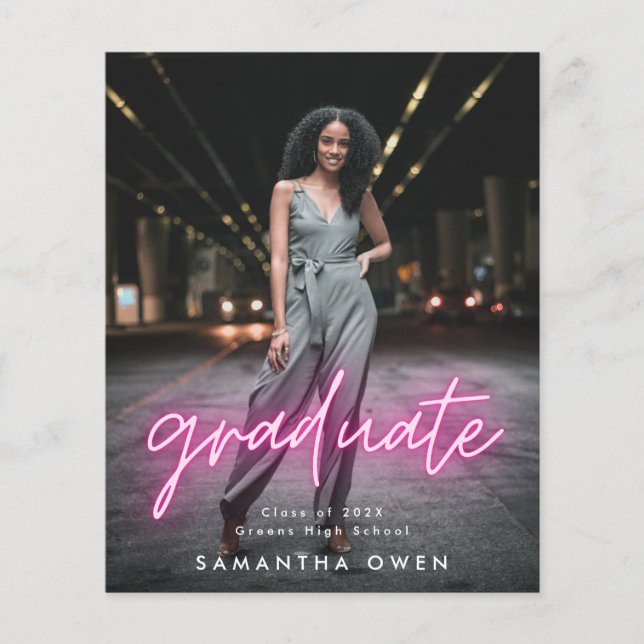 Budget Customisable Pink Neon Graduation Photo Flyer (Front)