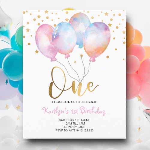 Budget Cute Balloons Pink Gold One Invitation