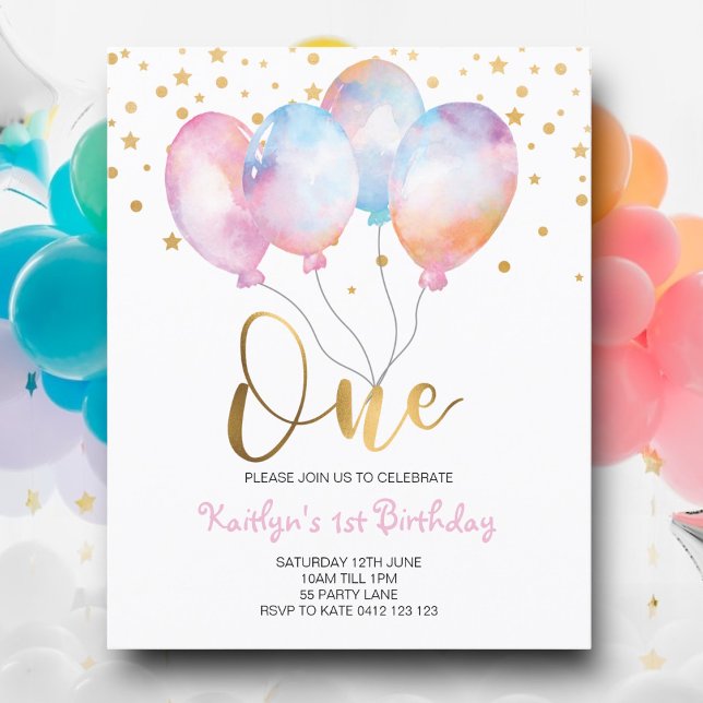 Budget Cute Balloons Pink Gold One Invitation (Creator Uploaded)