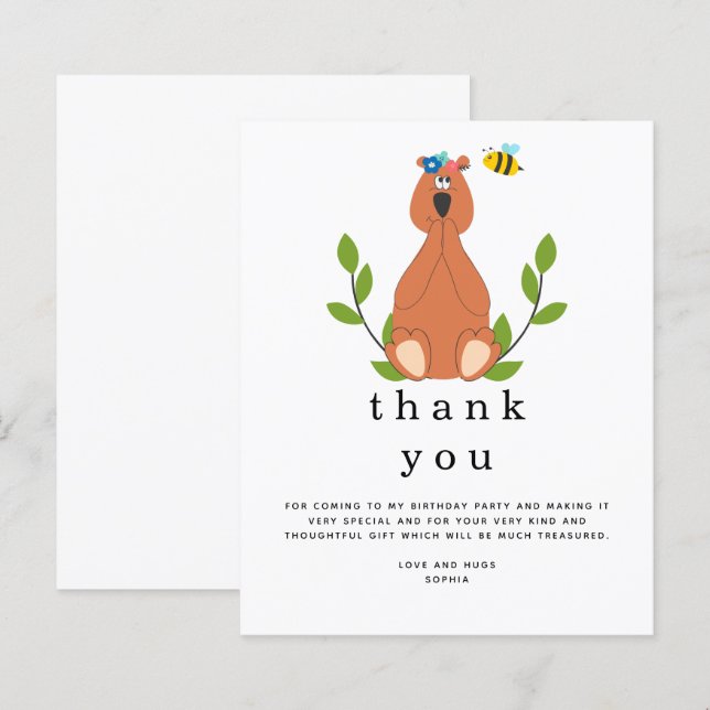 Budget Cute Bear Bee Kids Birthday Thank you (Front/Back)