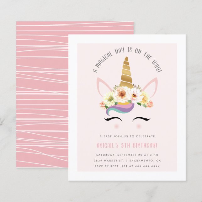 Budget Cute Blush Magical Unicorn Birthday Party (Front/Back)