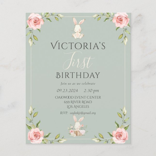 Budget Cute Bunny 1st First Birthday Invitation Flyer (Front)