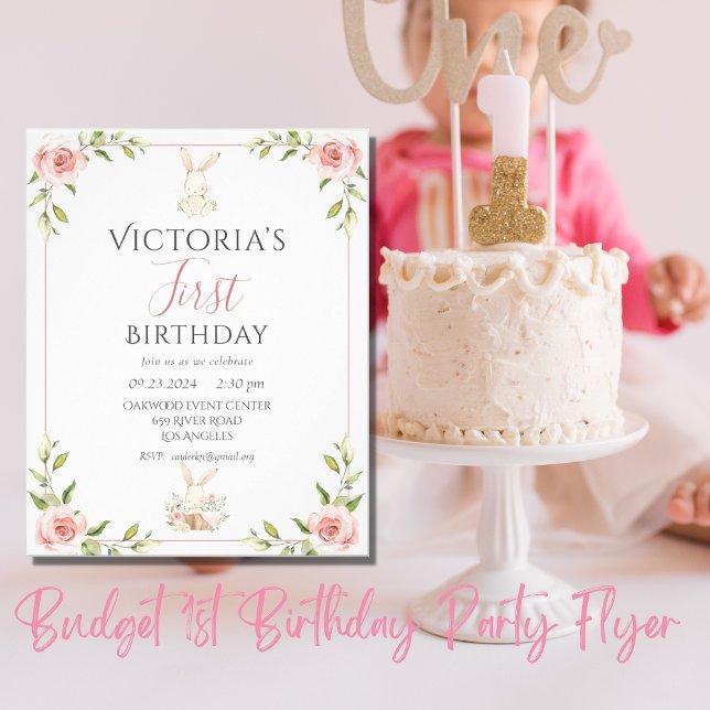 Budget Cute Bunny 1st First Birthday Invitation Flyer (Creator Uploaded)