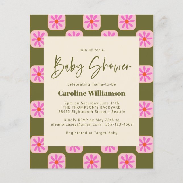 Budget Cute Check Floral Green Pink Baby Shower (Front)