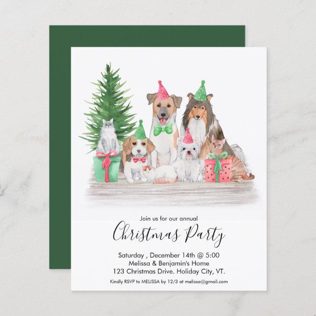 Budget Cute Christmas Animals Dog Cat Invitation (Front/Back)