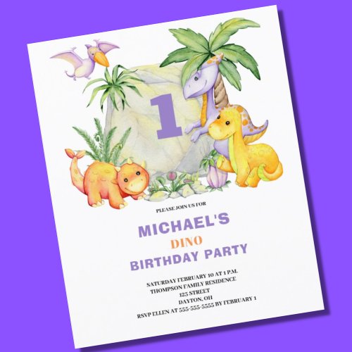 Budget Cute Dinosaur 1st Birthday Invitation