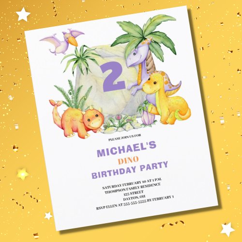 Budget Cute Dinosaur 2nd Birthday Invitation