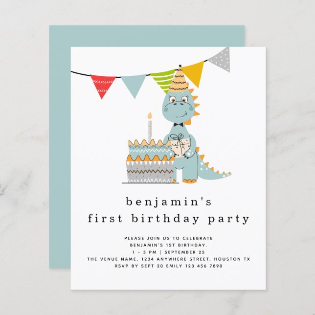 Budget Cute Dinosaur Cake 1st Birthday Invitation (Front/Back)
