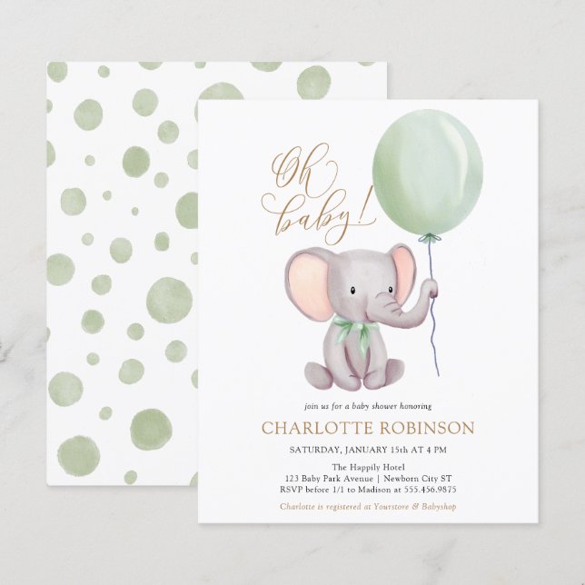 Budget Cute Elephant Baby Shower Invitation (Front/Back)