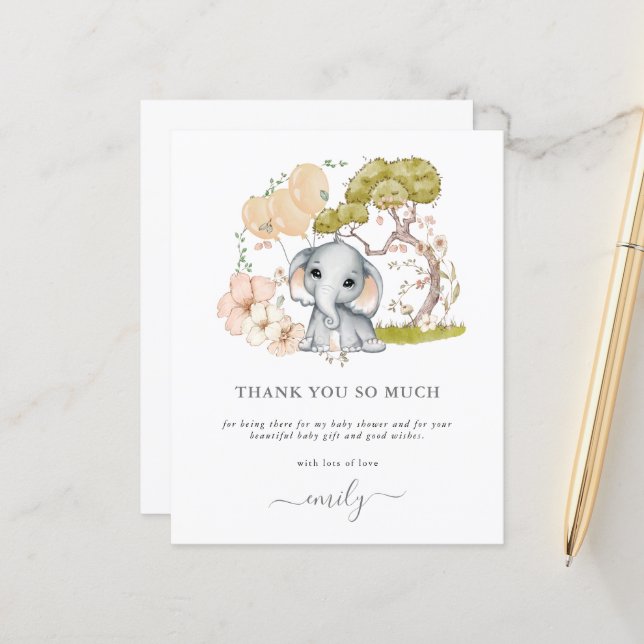 Budget Cute Elephant Baby Shower Thank You (Front/Back In Situ)