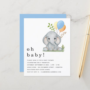 Budget Cute Elephant Blue Boy Baby Shower. Invite