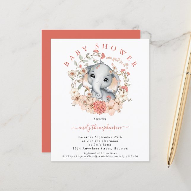 Budget Cute Elephant Coral Baby Shower Invitation (Front/Back In Situ)