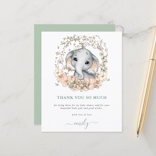 Budget Cute Elephant Sage Baby Shower Thank You (Front/Back In Situ)