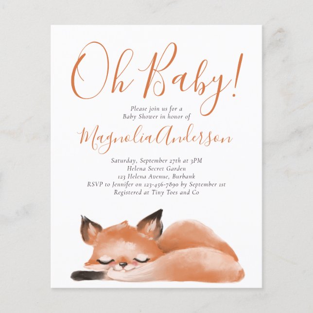 BUDGET Cute Fox Oh Baby Shower Invitation (Front)