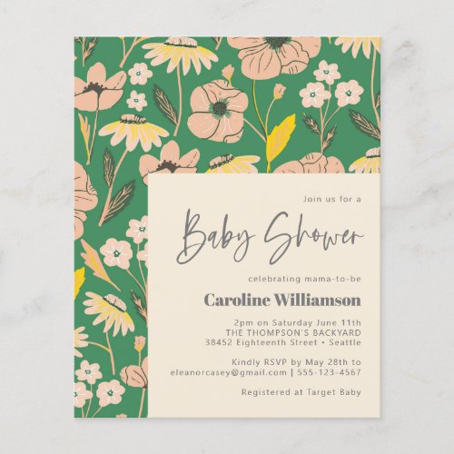 Budget Cute Green Pink Floral Baby Shower Invite
