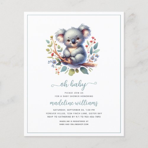 BUDGET Cute Koala Oh Baby Shower Invitation