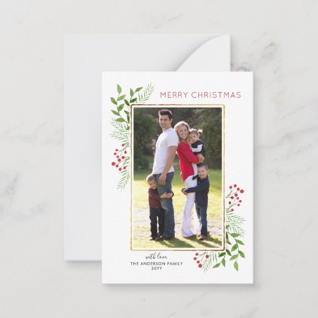 Budget Cute Merry Christmas Berries Photo Holiday Note Card (Front)